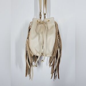 B LOW THE BELT Fringe Cream Bucket Bag